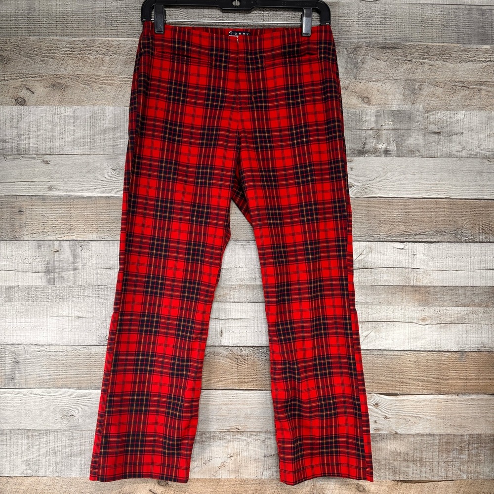 Tommy Jeans Womens Red Plaid Tartan Slim Leg Trousers Size 3 Stretch Preppy